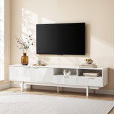 Launceston white 200cm fluted TV entertainment unit with cabinets, drawers and shelves in a living room