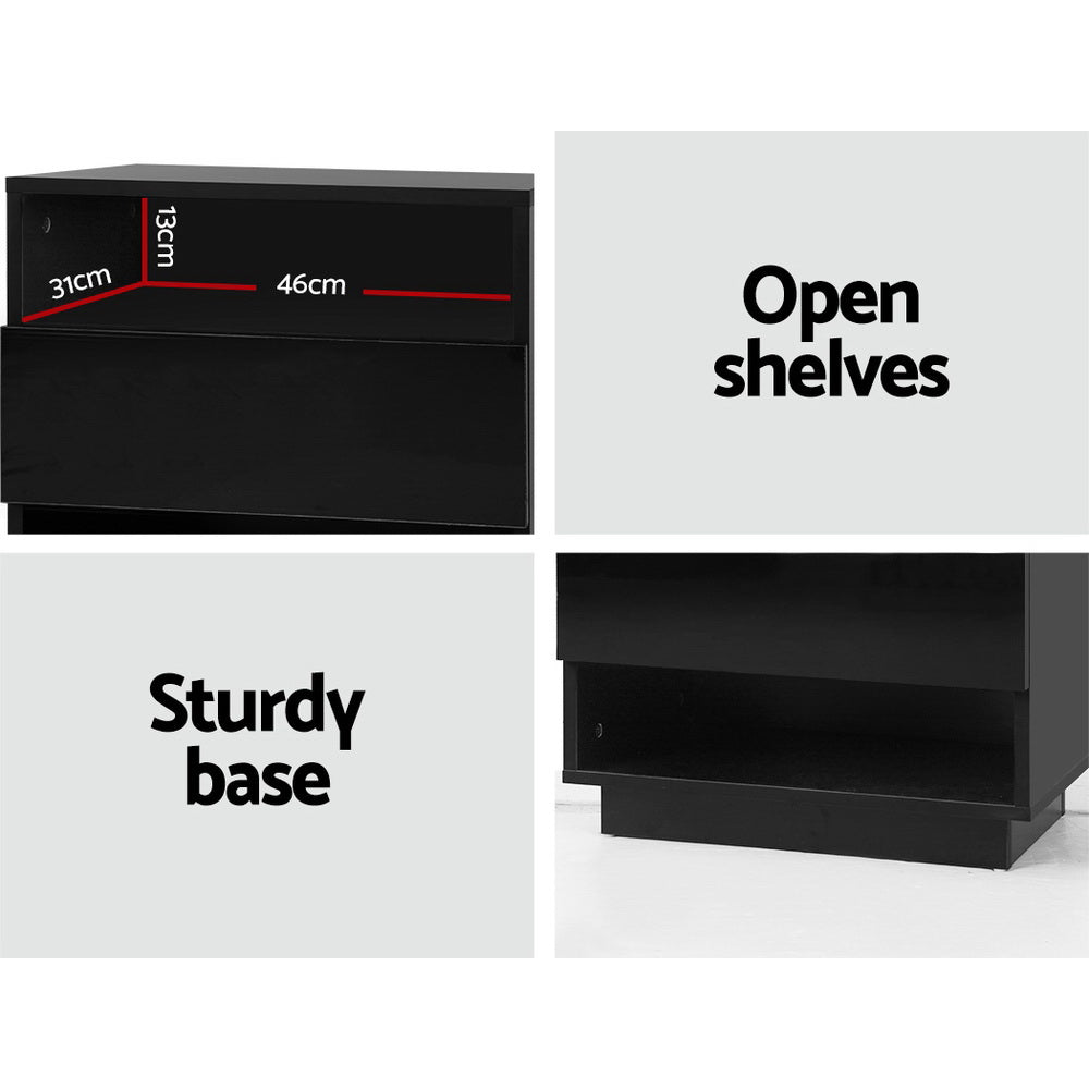 Artiss HANA LED Bedside Table with Drawer and 2 Shelves in Black — Allure Home Collections