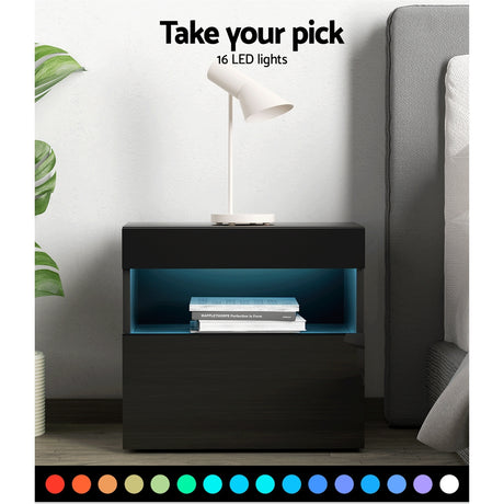 Artiss HERES LED Bedside Table with Drawer and Shelf in Black — Allure Home Collections