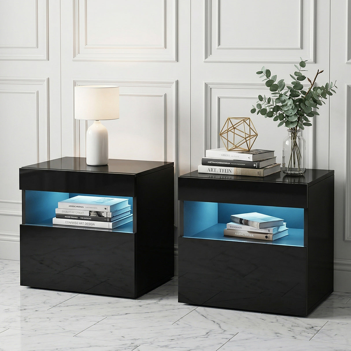Bagotville LED Bedside Table, Black 2pcs