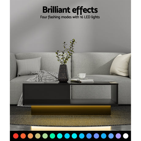 Artiss LED Coffee Table with Drawer and Open Shelf — Black — Allure Home Collections