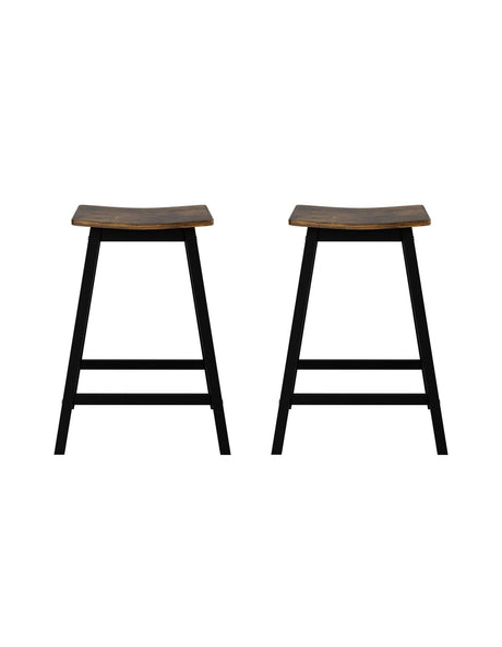 Edithvale rustic brown wooden bar stool with saddle seat in an industrial kitchen