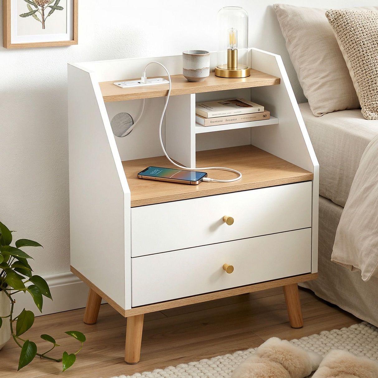 East Ballina Charging Station Bedside Table, White and Pine