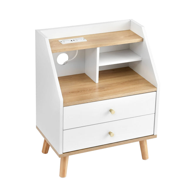 East Ballina Charging Station Bedside Table, White and Pine