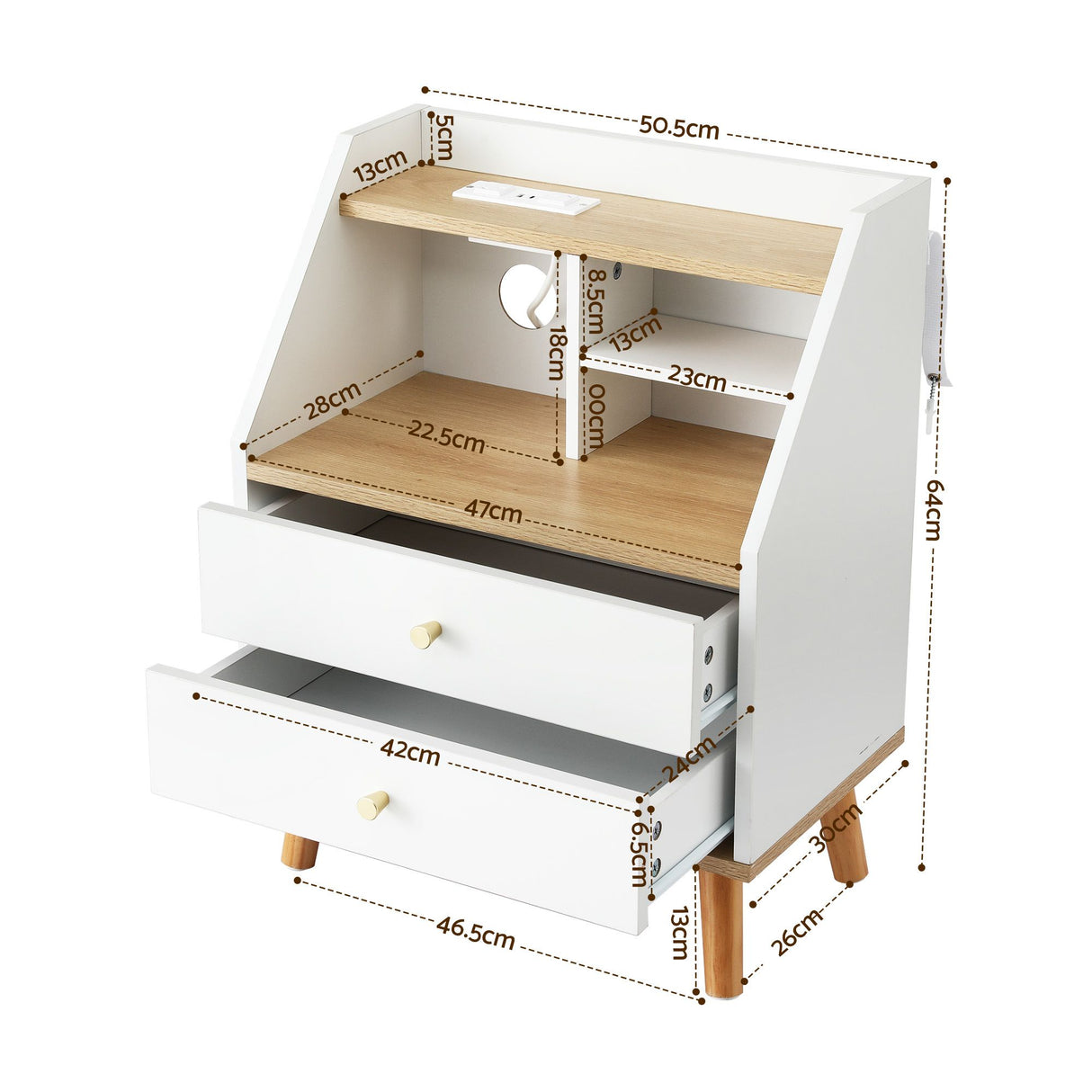 East Ballina Charging Station Bedside Table, White and Pine