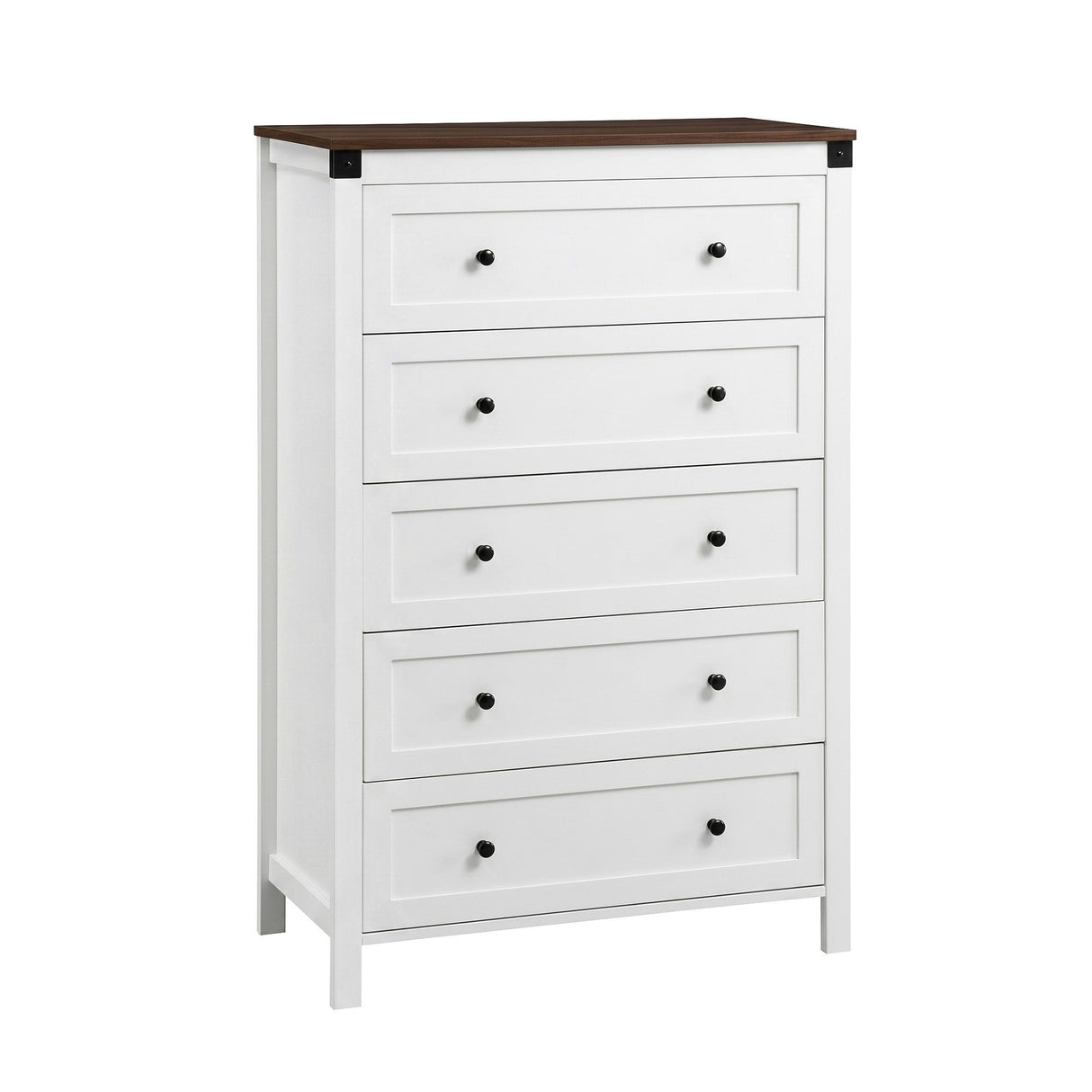 Moss Vale 5 Drawer Tallboy, White and Walnut