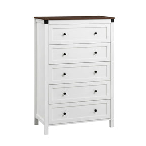 Moss Vale 5 Drawer Tallboy, White and Walnut