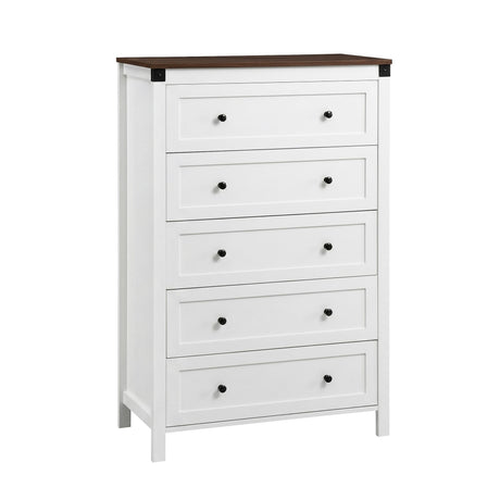Moss Vale 5 Drawer Tallboy, White and Walnut