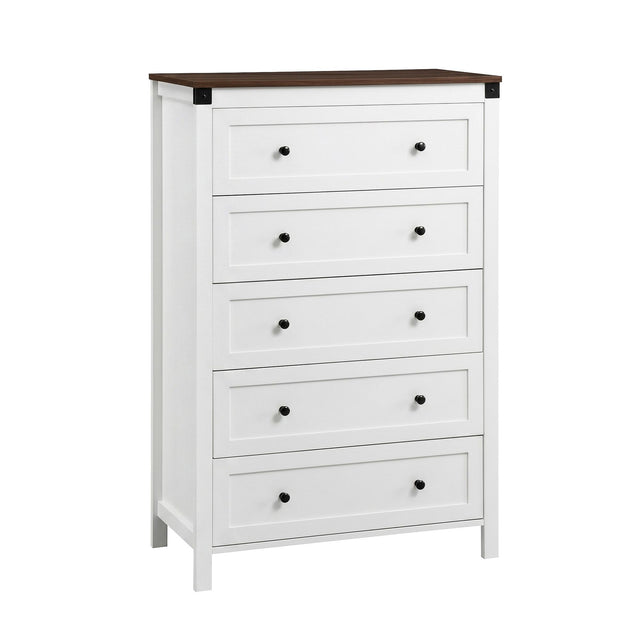 Moss Vale 5 Drawer Tallboy, White and Walnut