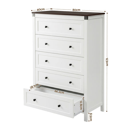 Moss Vale 5 Drawer Tallboy, White and Walnut view 2