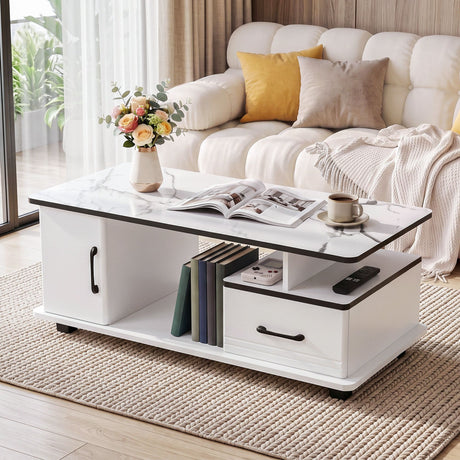 Woori Yallock white marble coffee table in a modern living room
