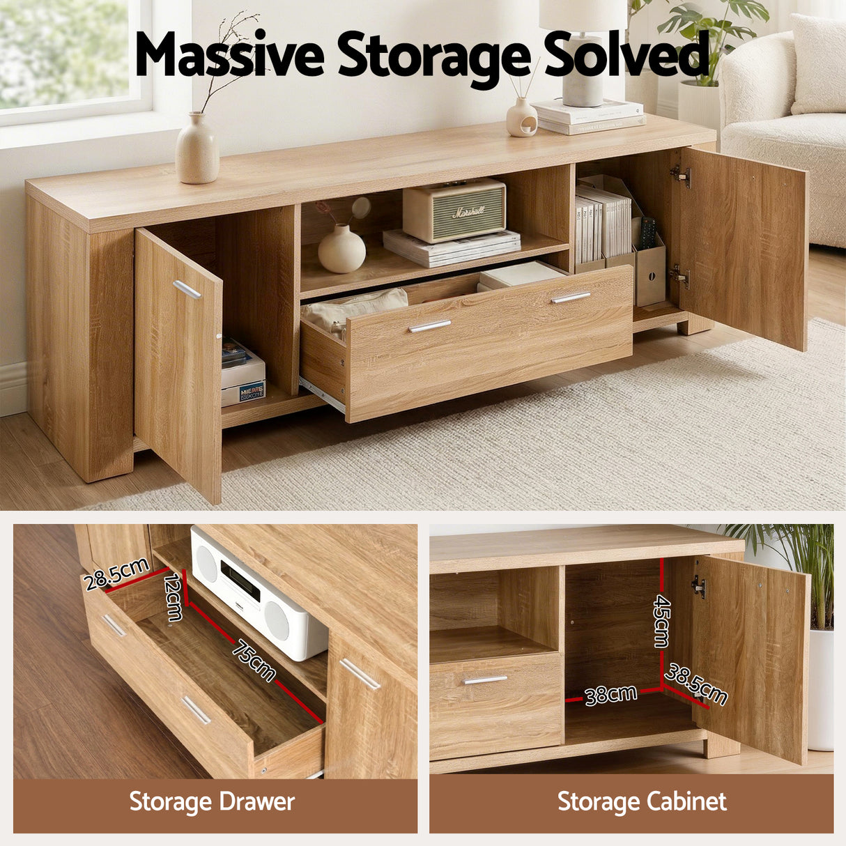 Artiss 180cm TV Unit Entertainment Unit Storage Drawer Cabinet Pine