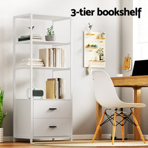 Bibury white 152cm bookshelf with two drawers and metal frame