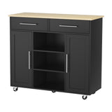 Simplon black and oak kitchen island cart with drawers and open shelves