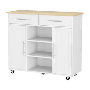 Susten white and oak kitchen island cart with drawers and open shelves