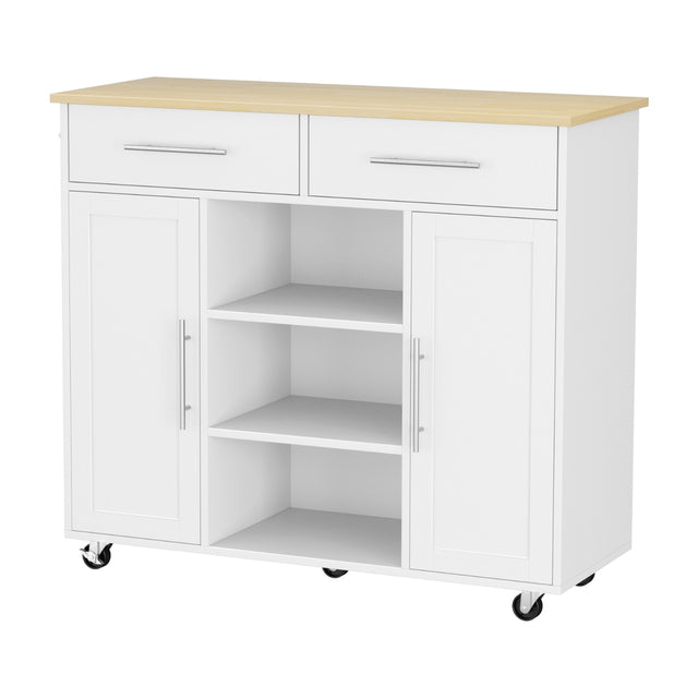 Susten white and oak kitchen island cart with drawers and open shelves