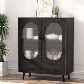 Fredrikstad black fluted buffet sideboard with two drawers in a modern dining room