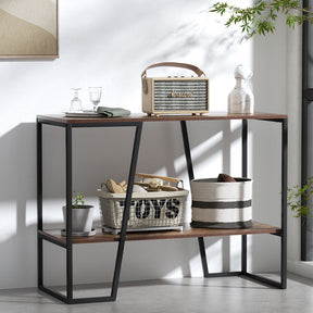 Pavia walnut 2 tier console table with black steel frame in a hallway