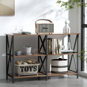 Cremona walnut 3 tier console table with black steel frame in an entryway