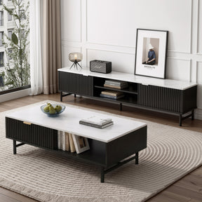 Katoomba white and black marble effect TV unit and coffee table set in a modern living room