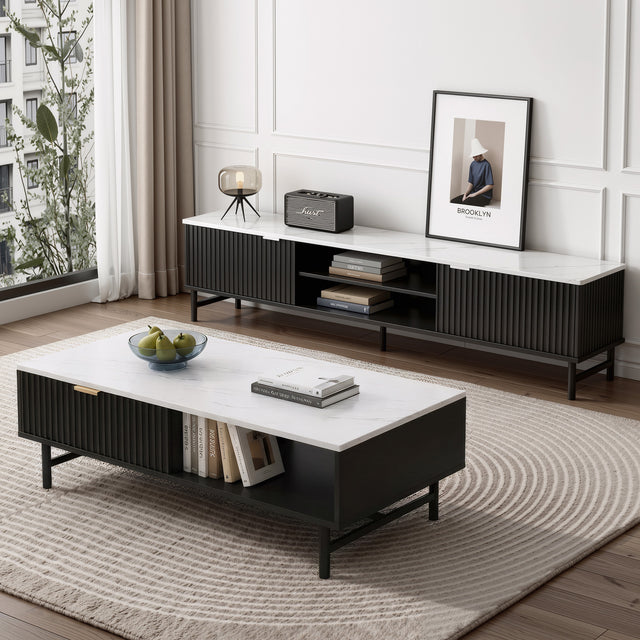 Katoomba white and black marble effect TV unit and coffee table set in a modern living room