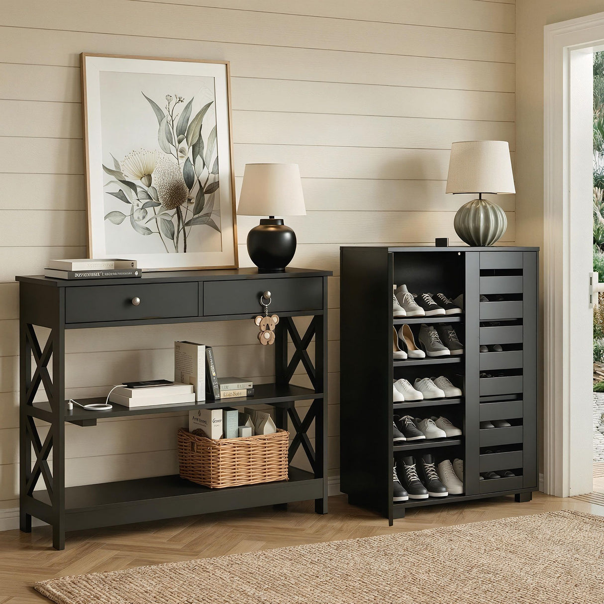 Pomonal Shoe Cabinet and Console Table Set, Black
