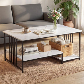 Coldstream white marble coffee table in a modern living room