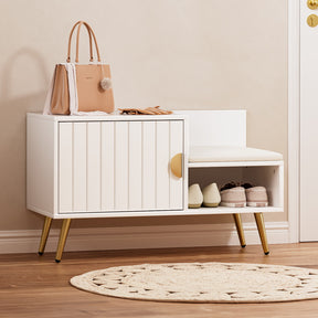 Linden white compact shoe storage bench with padded seat holding 6 pairs