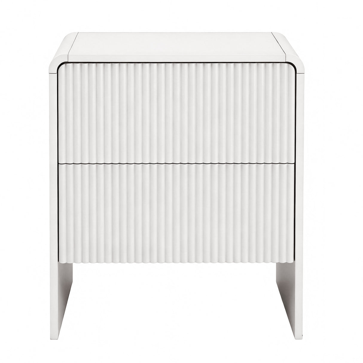 Lennox Head beige two drawer bedside table with push to open drawers in a modern bedroom