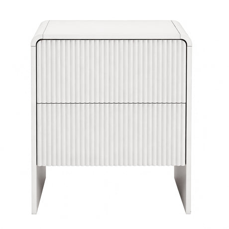 Lennox Head beige two drawer bedside table with push to open drawers in a modern bedroom