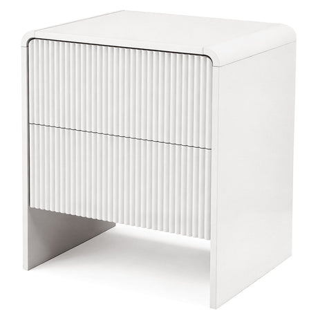 Lennox Head beige two drawer bedside table with push to open drawers in a modern bedroom