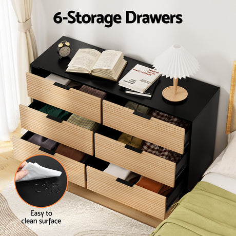 Artiss 6-Drawer Dresser in Black and Pine — Fluted-Style Lowboy — Allure Home Collections