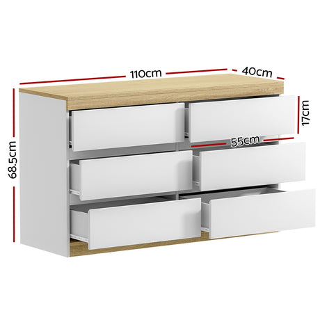 Artiss 6-Drawer Tallboy Dresser in White and Oak — Two-Tone — Allure Home Collections