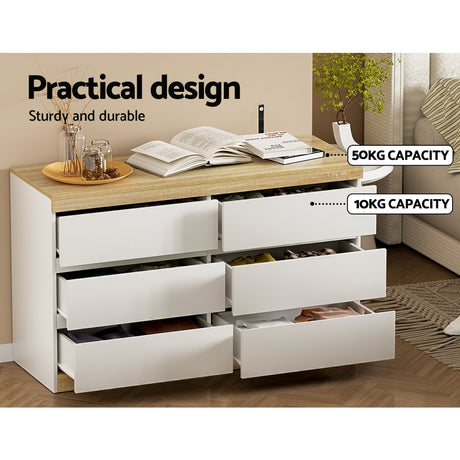 Artiss 6-Drawer Tallboy Dresser in White and Oak — Two-Tone — Allure Home Collections