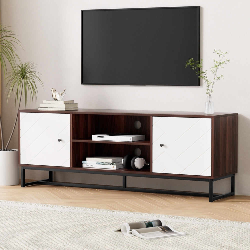 Artiss 150cm Walnut and White TV Unit with Carved Pattern and Open Shelves — Allure Home Collections