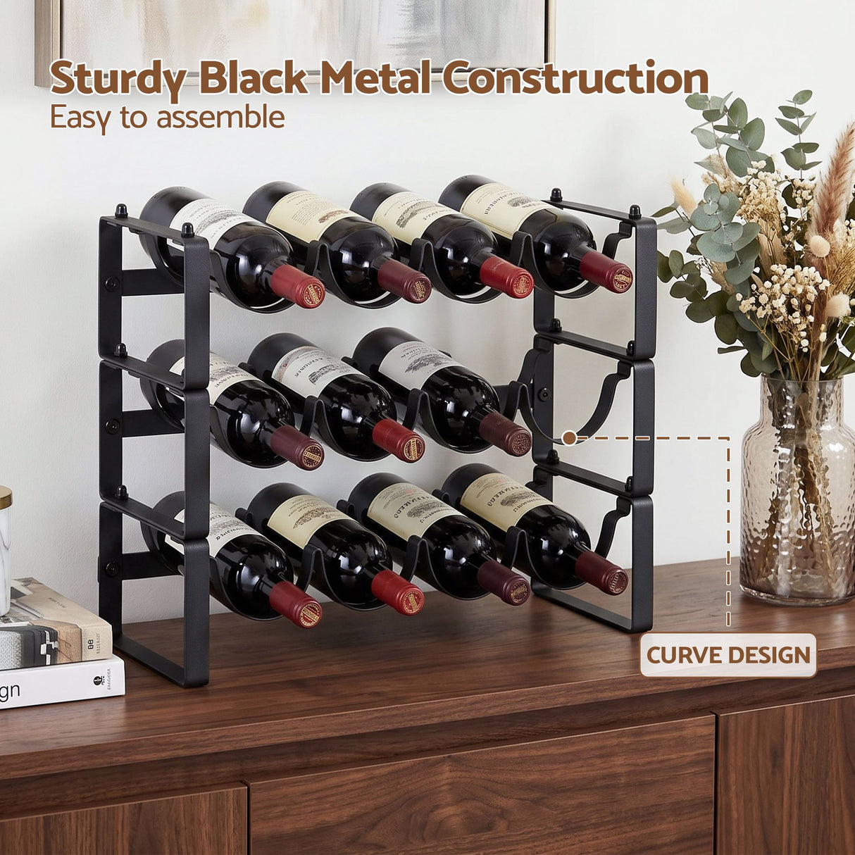 12 bottle black metal freestanding wine rack