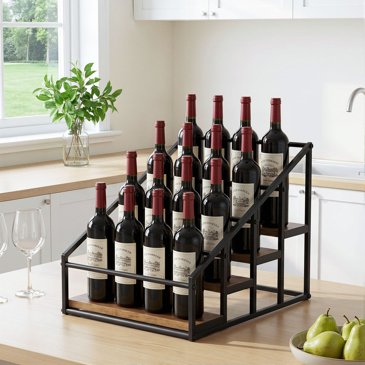16 bottle black and wood freestanding wine rack
