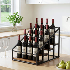 16 bottle black and wood freestanding wine rack