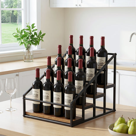 16 bottle black and wood freestanding wine rack