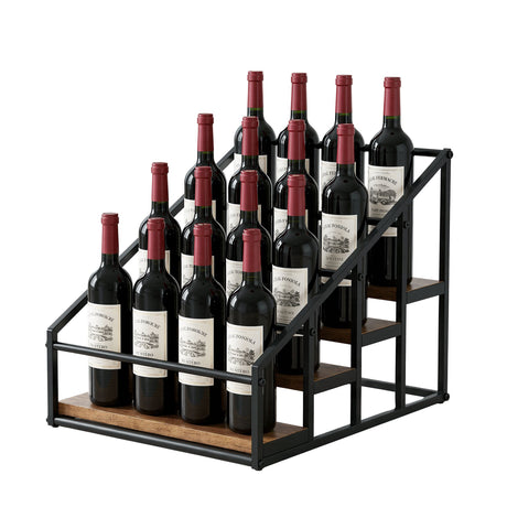 16 bottle black and wood freestanding wine rack