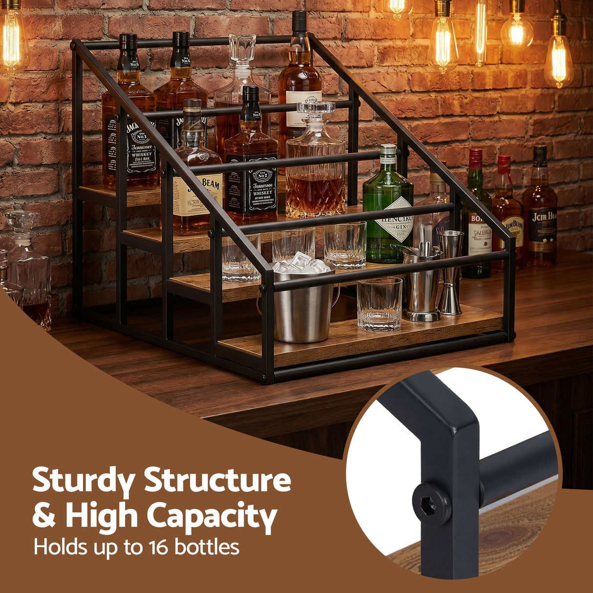 16 bottle black and wood freestanding wine rack