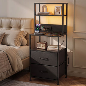 Byron Bay black LED tall bedside table with USB charging station in a modern bedroom