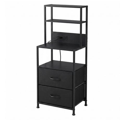 Byron Bay black LED tall bedside table with USB charging station in a modern bedroom