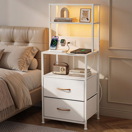 Byron Bay white LED tall bedside table with USB charging station in a modern bedroom