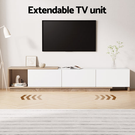 Artiss Extendable TV Cabinet in White and Oak — Push-to-Open Doors — Allure Home Collections