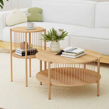 Artiss 2-Tier Round Wood Coffee Table Set of 2 — Pine — Allure Home Collections