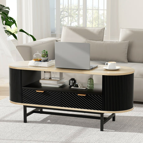 Artiss 110cm Coffee Table with 2 Drawers and Open Shelf — Black Wood — Allure Home Collections