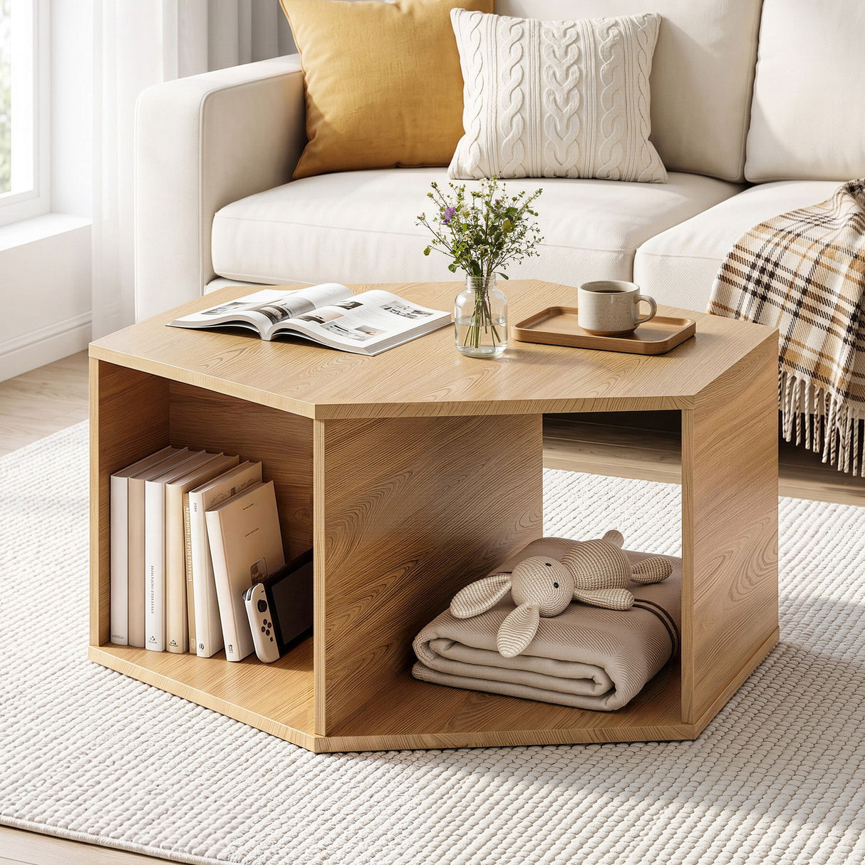 Warburton oak wood coffee table in a modern living room