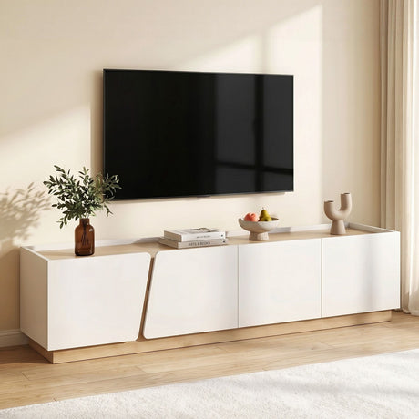 Hobart white and pine 180cm TV entertainment unit with four cabinets in a living room