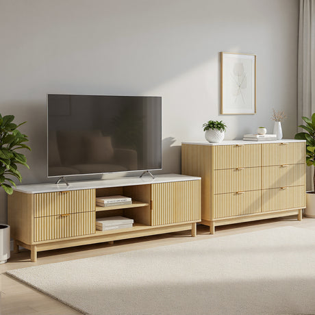 Devonport pine TV unit and chest of drawers set with marble effect tops in a home setting